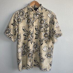 Massini Mens Large Floral Button Up Shirt Short Sleeve Hawaiian Tan Cream